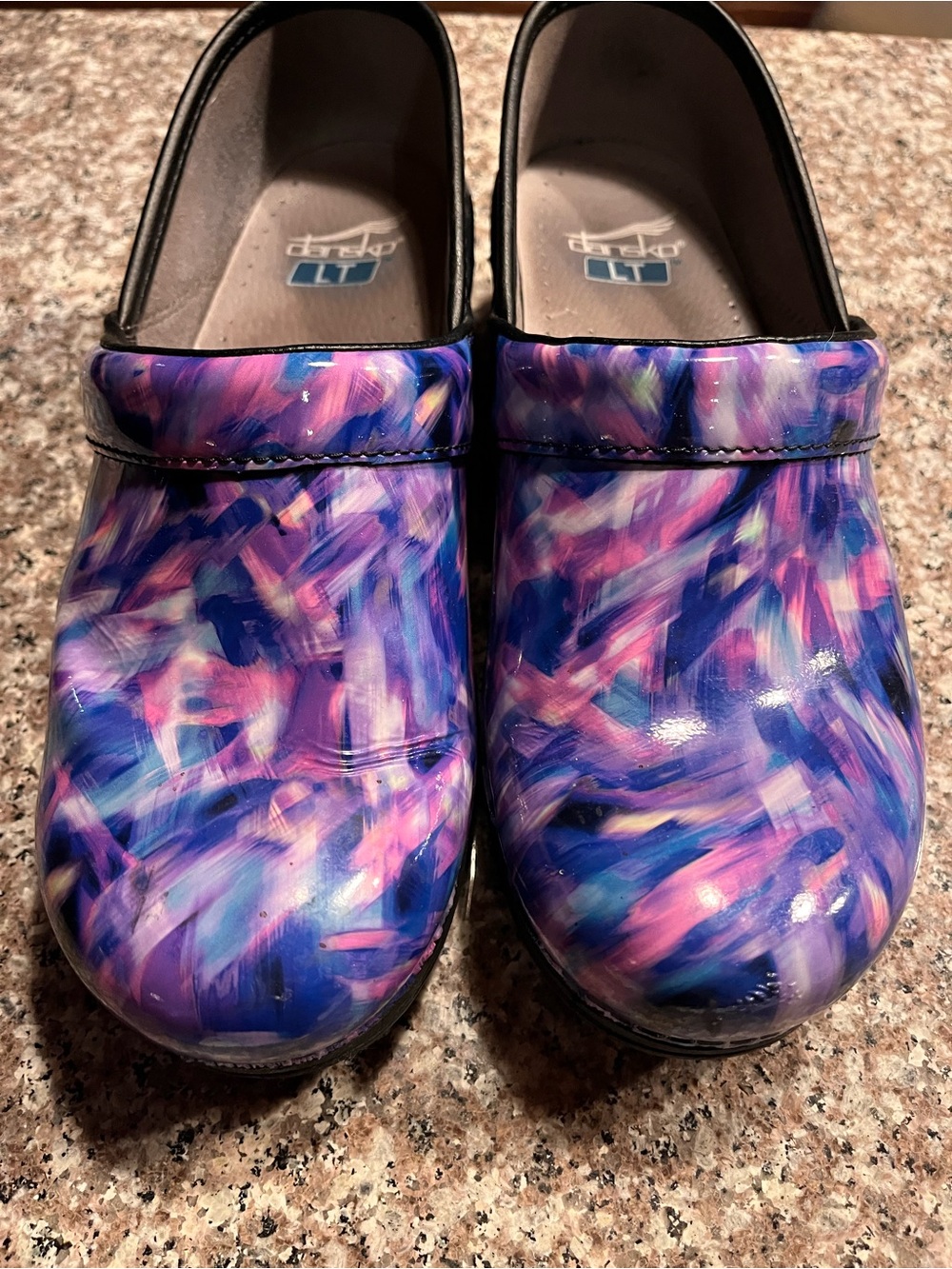 Dansko Purple Pink Blue Swirl Patent Leather Clogs